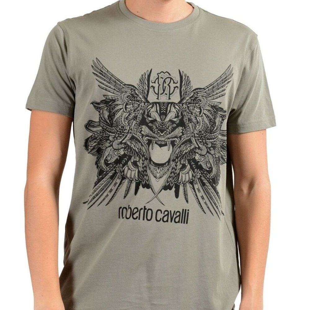 Roberto Cavalli Men's Olive Green Graphic T-Shirt